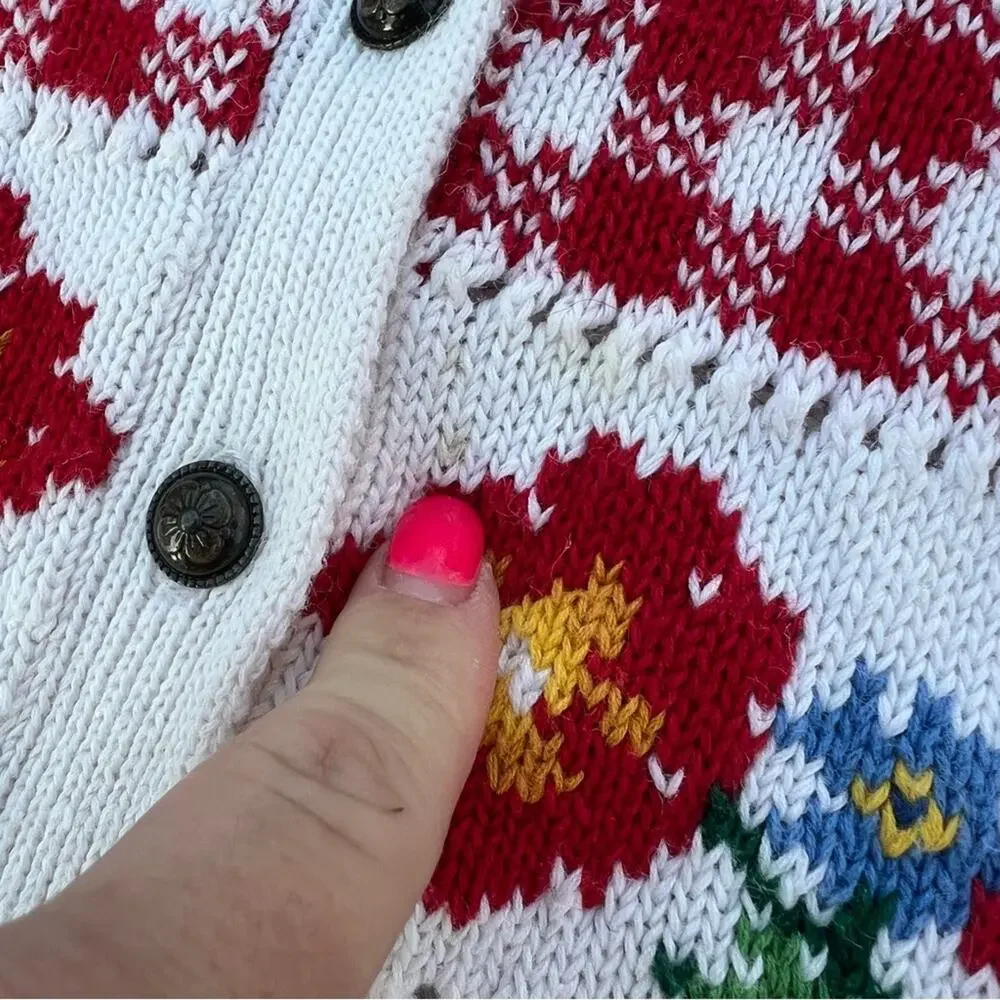 Vintage 90s Russ White Primary Color Floral Knit Herringbone Check Sweater Vest